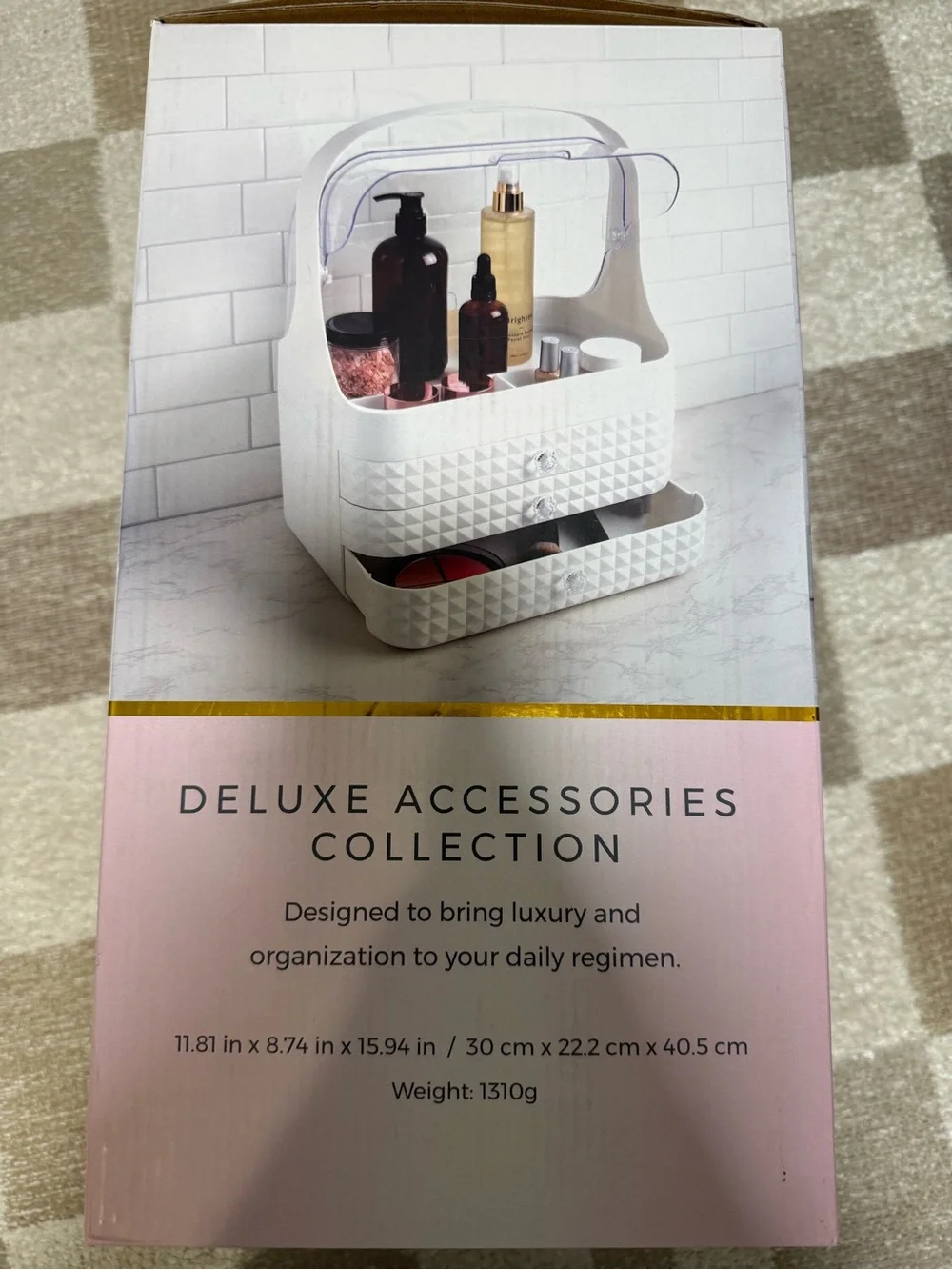 NWT Yafa White Diamond-Textured Beauty Organizer with Drawers